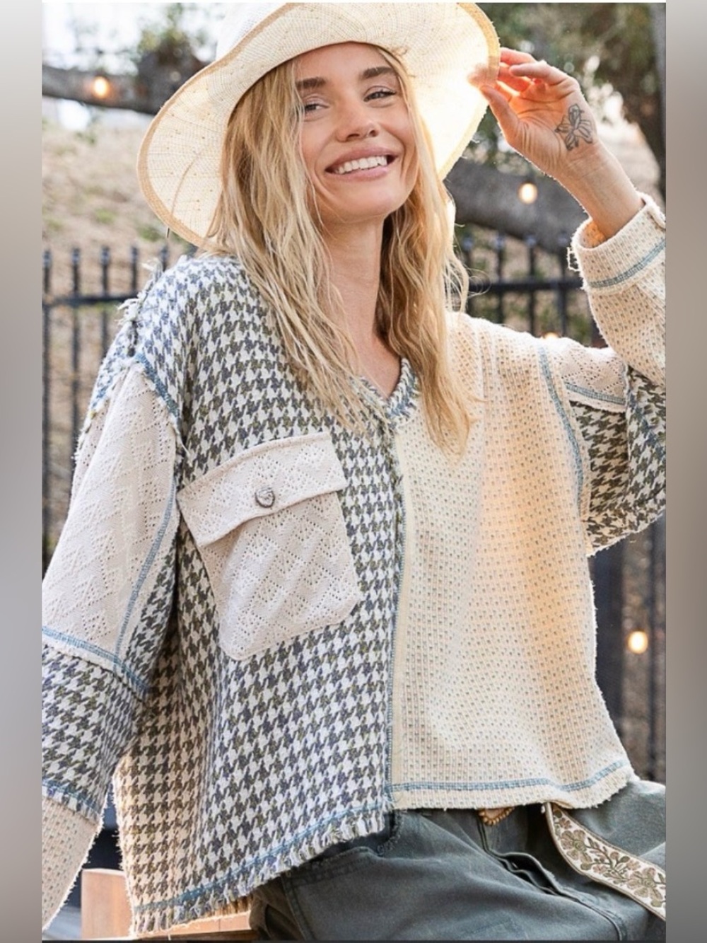 #1506 POL Cream & Sage Patchwork oversized tweed Knit Top